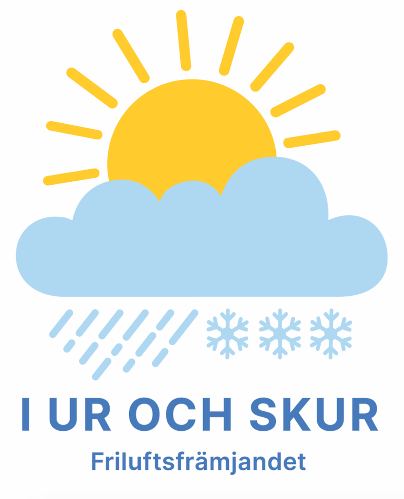 Logotyp för I Ur och Skur från Friluftsfrämjandet, med en gul sol som delvis täcks av ett blått moln, regndroppar och snöflingor som symboliserar aktiviteter i alla väder.